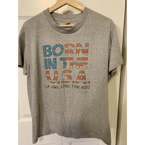 Vtg 80s BORN IN THE USA shoebox t shirt LARGE single stitch Screen Stars Gray - Picture 4 of 7